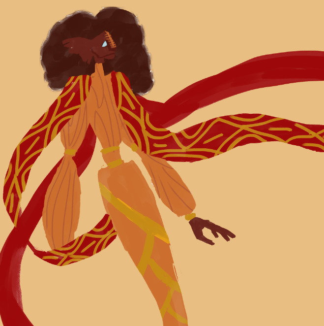 Myself, a slender brown skinned merman with orange robes.
